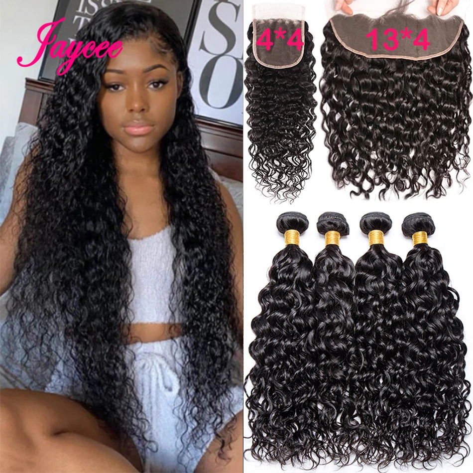 

12A Peruvian Water Wave Bundles With Closure Natural Wave Hair Extension Remy Human Hair Bundels With Frontal 13x4 Lace Frontal