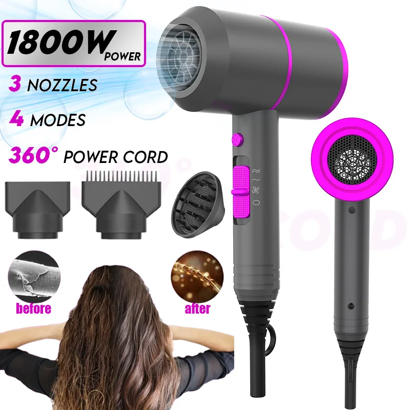 Secador de cabelo iônico elétrico, secagem rápida, baixo ruído, alta velocidade, 1800w, 4 modos, profissional, 3 em 1, com bico difuso