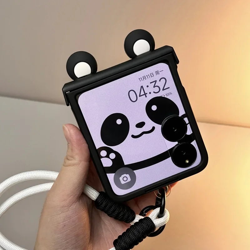 Cute Ears Hand Bracelet Hing Case ForFor Samsung Galaxy Z Flip 7 6 5 4 3 For Motorola Razr 50 60 Ultra Xiaomi Mix Flip 2 Cover