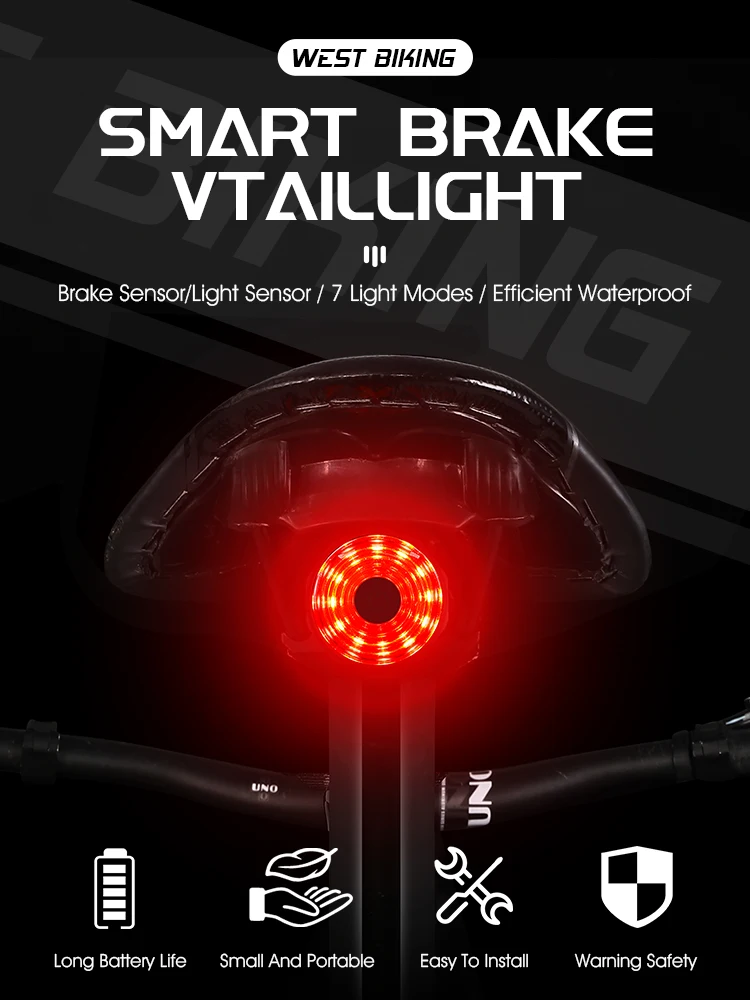 AliExpress West Biking WEST BIKING Smart Bike Taillight Light&Brake Sensing IPX6 Waterproof Type C Rechargeable Bicycle Rear Light For Night Cycling