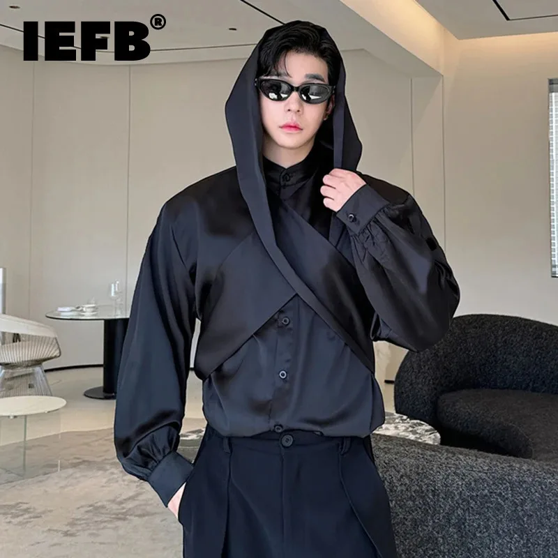 

IEFB Korean Style Niche Shawl Hooded Shirt Men Loose Versatile Design Top 2024 Autumn New Stylish Male Multiple Wear Tops 9C7011