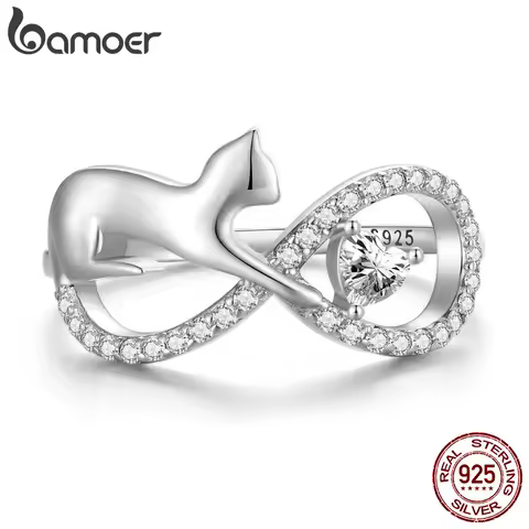 Bamoer 925 Sterling Silver Cute Cat Finger Ring Infinite Symbol Ring for Women Birthday Gift Pave Setting CZ Fine Jewelry SCR918