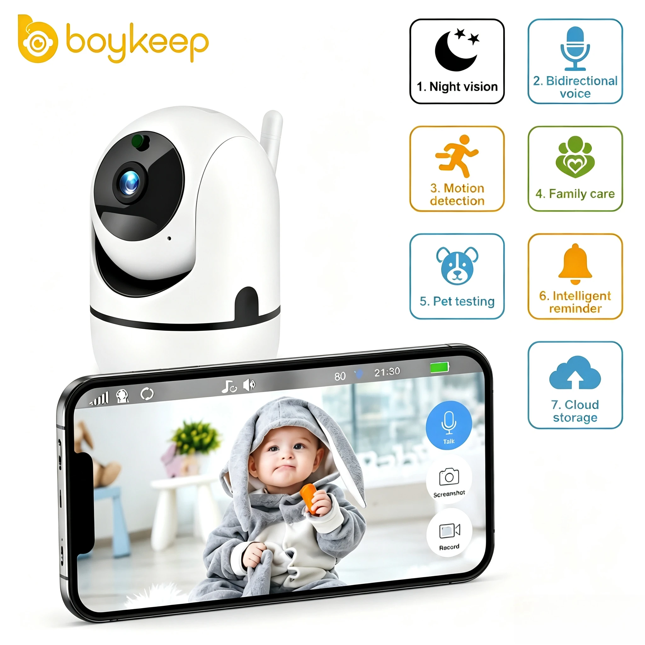 BoyKeep Smart Indoor Security Camera,Color Night Vision, Two-Way Audio,Family care,Motion/Human Detection, Cloud/Local Storage