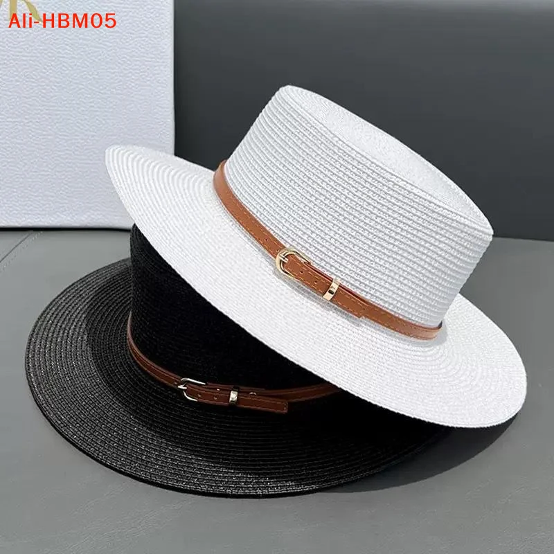(HB05)Straw Boater Sun Hat UV Protection Adjustable Leather Strap For Summer Beach Vacation Outdoor Trip