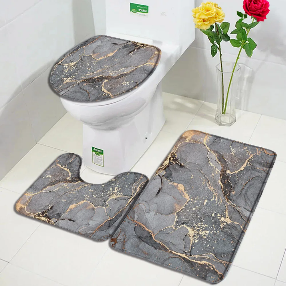 Gray Golden Crackle Marble Shower Curtain Set Modern Creative Marble Texture Fabric Bathroom Decor Curtain and Non-Slip Bath Mat