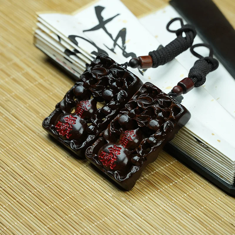 Chinese Style Jadeized Thunder Struck Jujube Wood Hollow Carved Gourd Pendant Lucky Fortune Blessing Peace Tag Good Luck Wealth