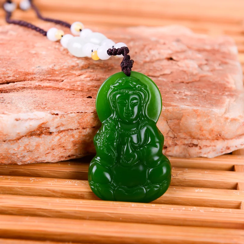 Hetian Jade Guanyin Buddha Jade Pendant, Spinach Green Couple Pendant