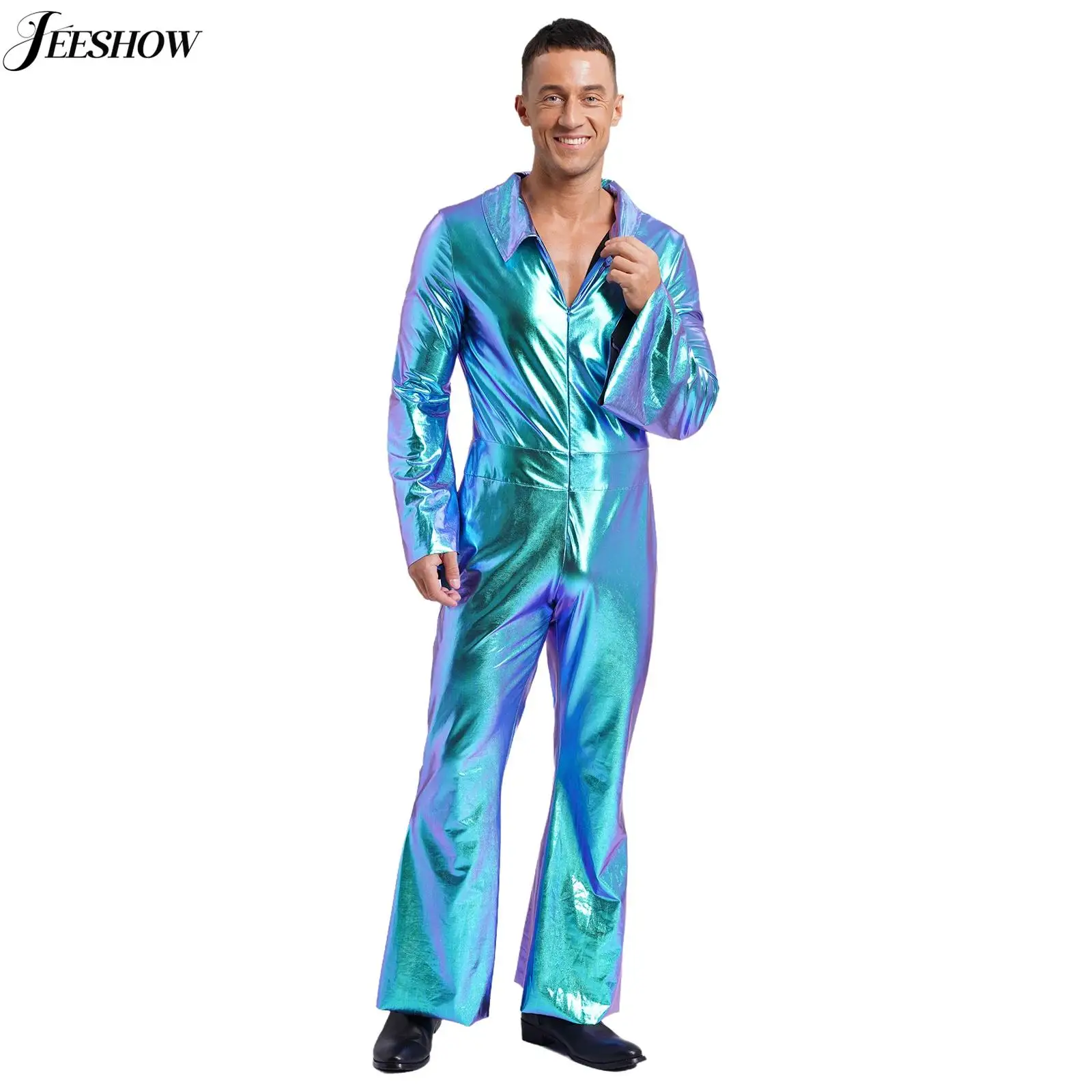 Mens Shiny Metallic Disco Outfits 70s 80s Hippie Costume Lapel Collar Flare Long Sleeve Jumpsuit Vintage Bell Bottom Romper