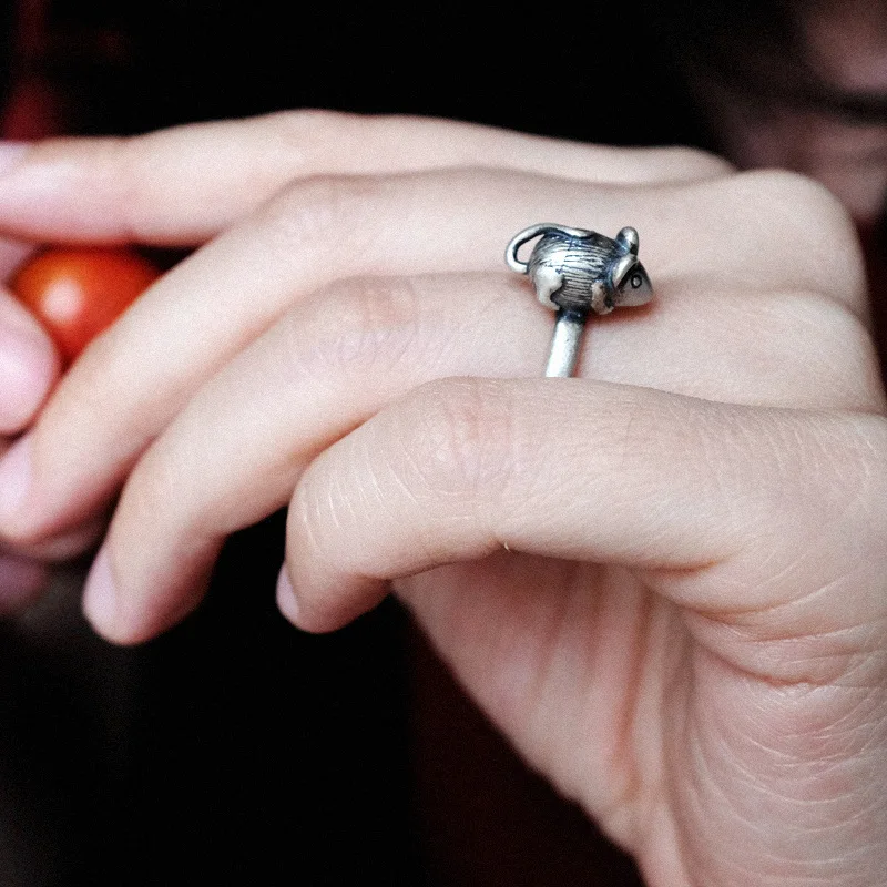 Vintage Thai Silver Jewelry Zodiac Little Mouse Year Ring Women's Own Year Personality Adjustable Index Finger Rings KOFSAC
