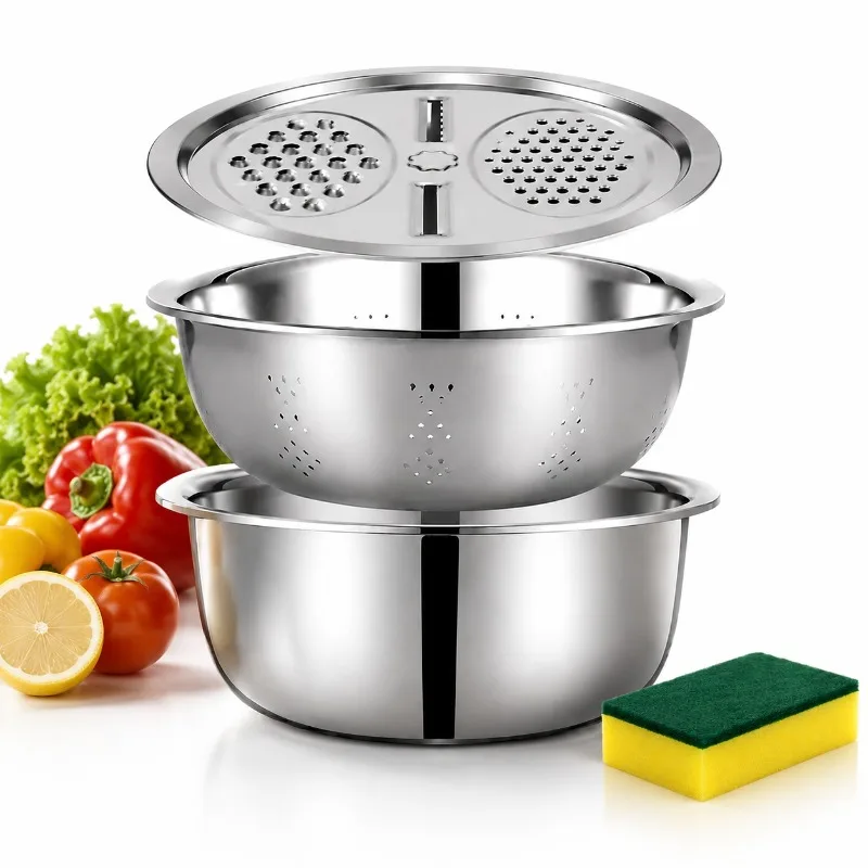 4 pièces : Trancheuse à pommes de terre en acier inoxydable avec éponge, bac de lavage pour légumes, panier de vidange, kit d'outils utilitaires multifonctionnels
