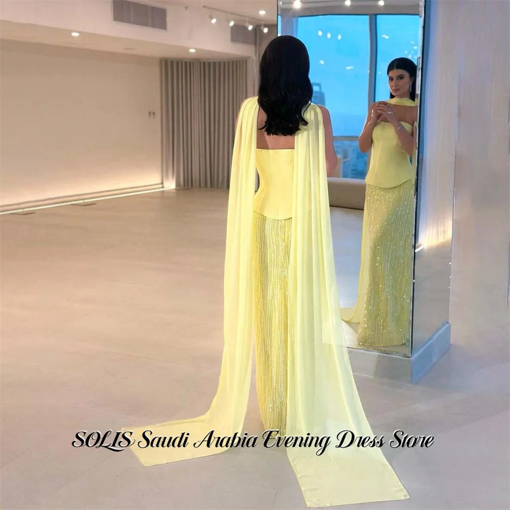 

SOLIS Butter Yellow Party Dress Strapless Draped Neck Scarf فساتين السهرة Night Dresses Celebrity Dress Customized