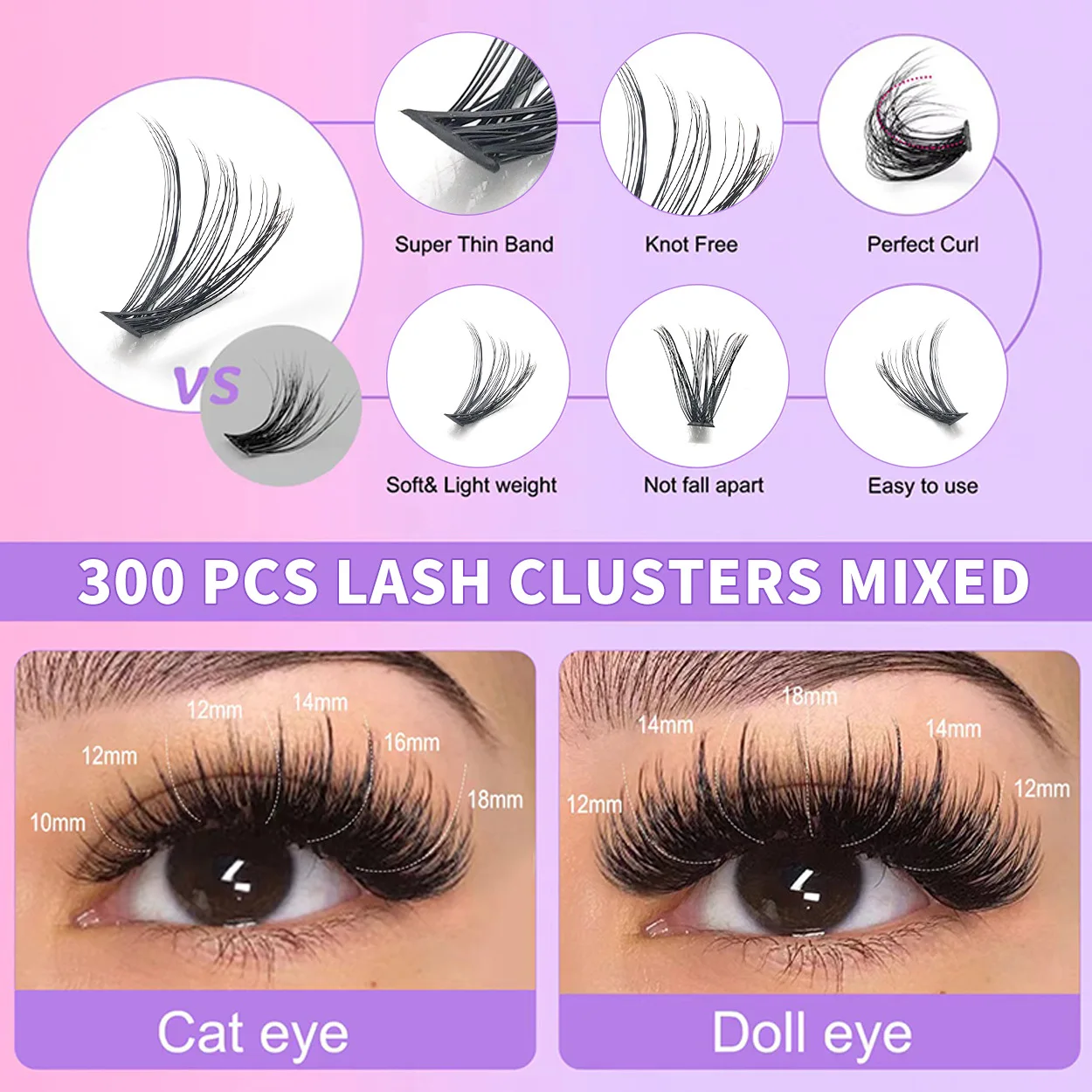 QIUNING Lashes Clusters Kit Cat Eye Lashes Individual Eyelashes with ​​Lash Bond & Seal Full Set Lashes Extension Makeup Tools