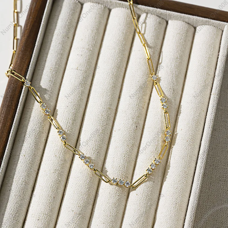 Ins Stacked Wear Wind 3.0mm Round Mozzarella Diamond Paper Clip Clavicle Chain S925 Silver Plated 18k Gold Ladies Necklace