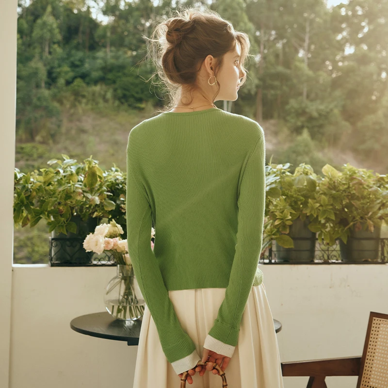 OLrain Damen-Strickjacke, 2025, Herbst, neue Mock-Zweiteiler-Pullover, Kontrast, V-Ausschnitt, lange Ärmel, weibliche Kleidung, O23QZ82813