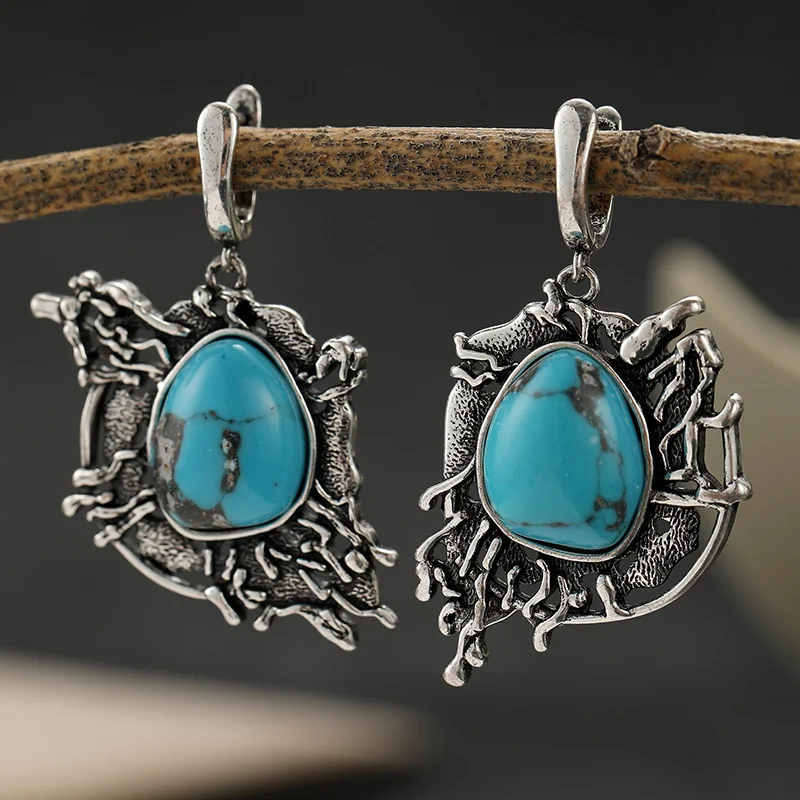 Ladies' Vintage Carving Pattern Hook Earrings Inlay Synthetic Turquoise Casual Niche Versatile Earrings Bohemian Style Jewelry
