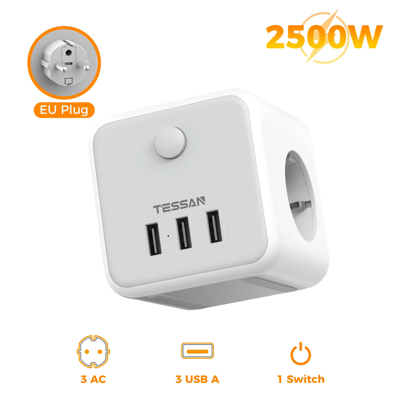 TESSAN USB-wandcontactdoos met 3 AC-aansluitingen, 3 USB-poorten, EU-stekker, wandcontactdoos met schakelaar voor thuis en op reis