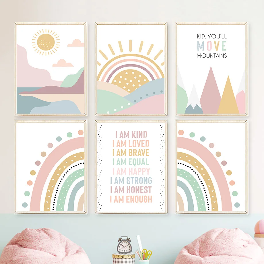 Affiches nordiques bohèmes avec citation de soleil arc-en-ciel de la montagne rose, peintures sur toile murales, parfaites pour la chambre des bébés et des enfants