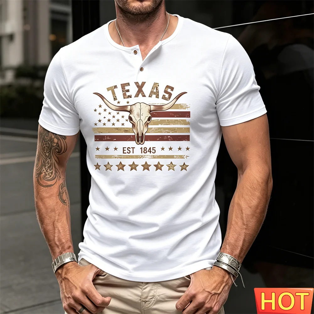 Summer Men's button up T-shirt Casual Retro Print Loose Men's Henry T-shirt Breathable Round Neck Short Sleeve Sport Henry shirt