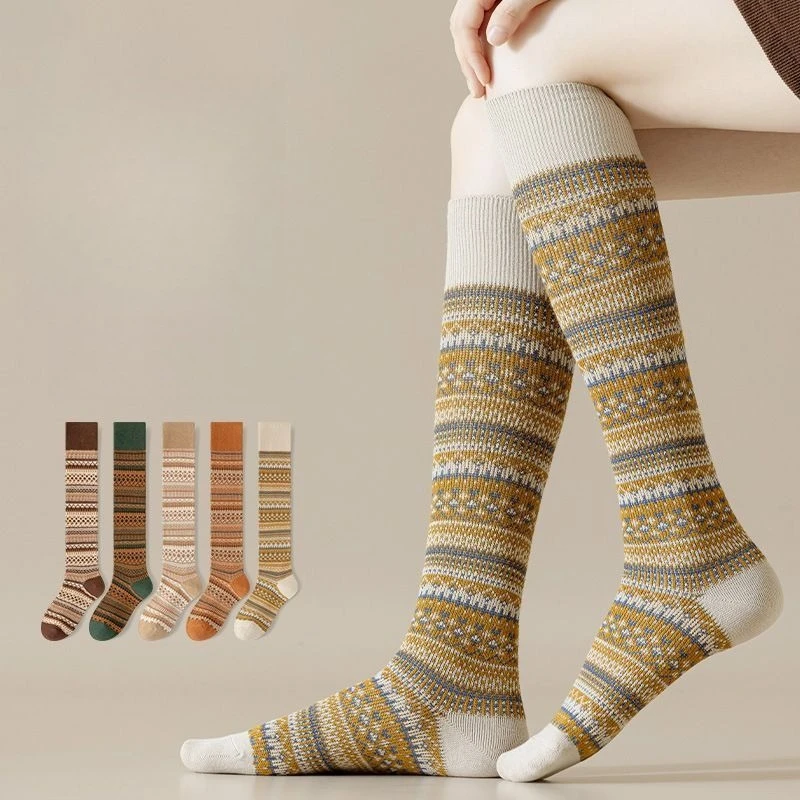 1 pair of women's high tube retro calf socks, thick socks, spring and autumn knee striped socks