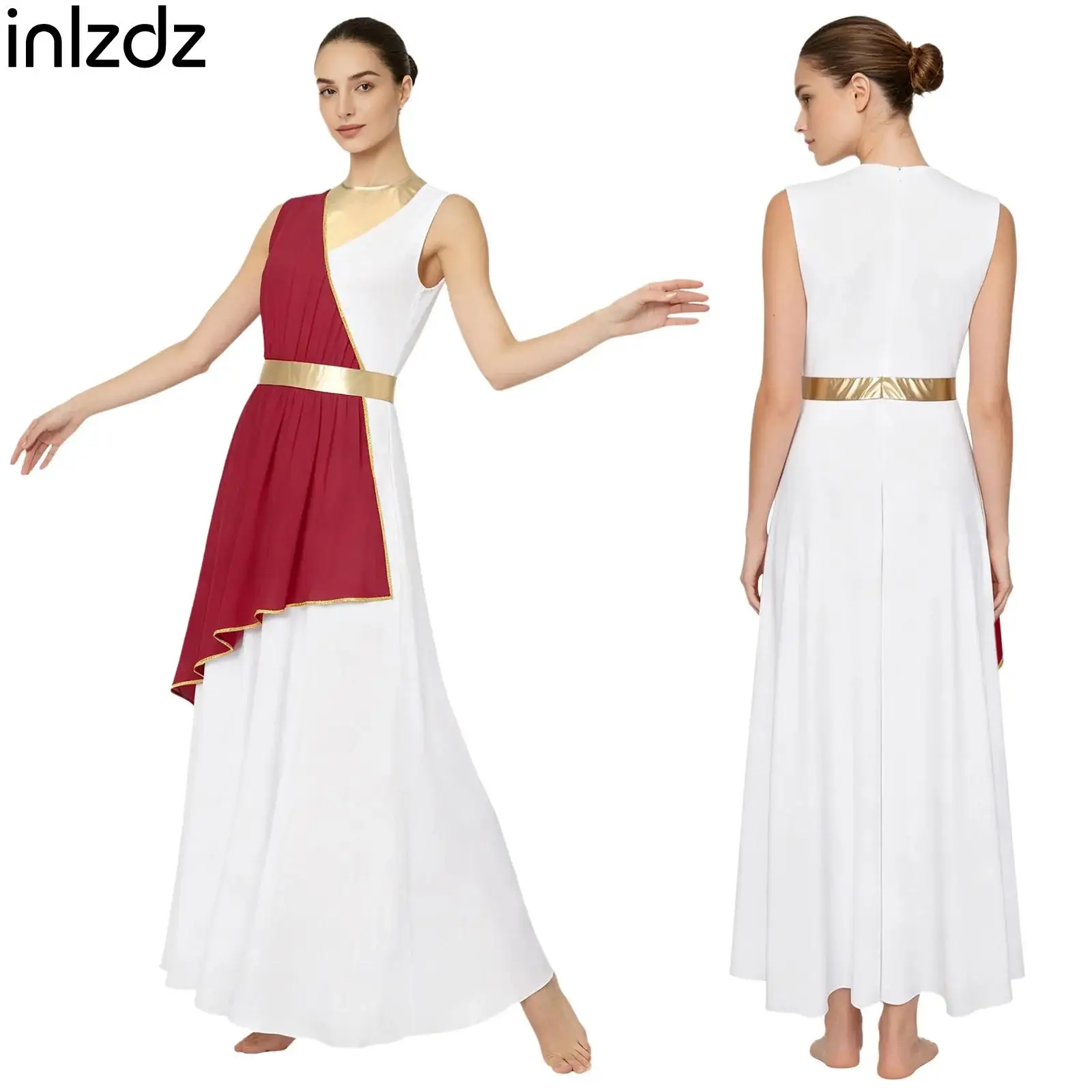 

Womens Lyrical Worship Dance Dress Sleeveless Asymmetrical Overlay Gold Trim Metallic Waist Tunic Dress for Church Choir Praise