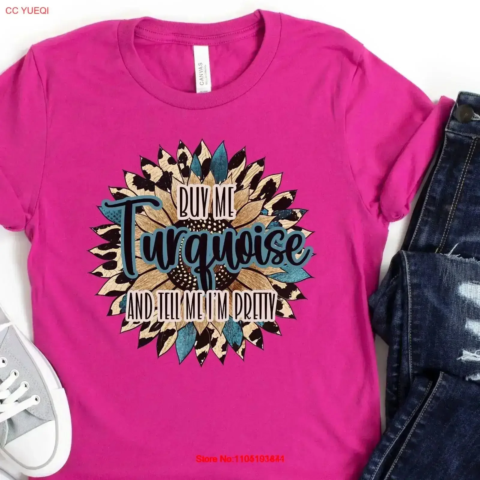 Buy Me Turquoise And Tell I'm Pretty T Shirt Funny Cowgirl Fun Western Sunflower for Boho Girl vintage Washed Casual Breathable