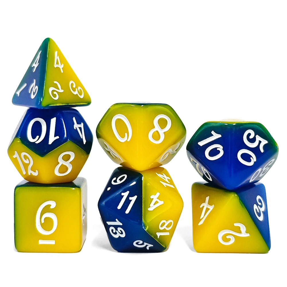 Vibrant Yellow & Blue Swirl Polyhedral Dice Set,7-Piece White Numbered DND Dice for RPG Collection & Gaming Gift, D&D, TRPG, MTG