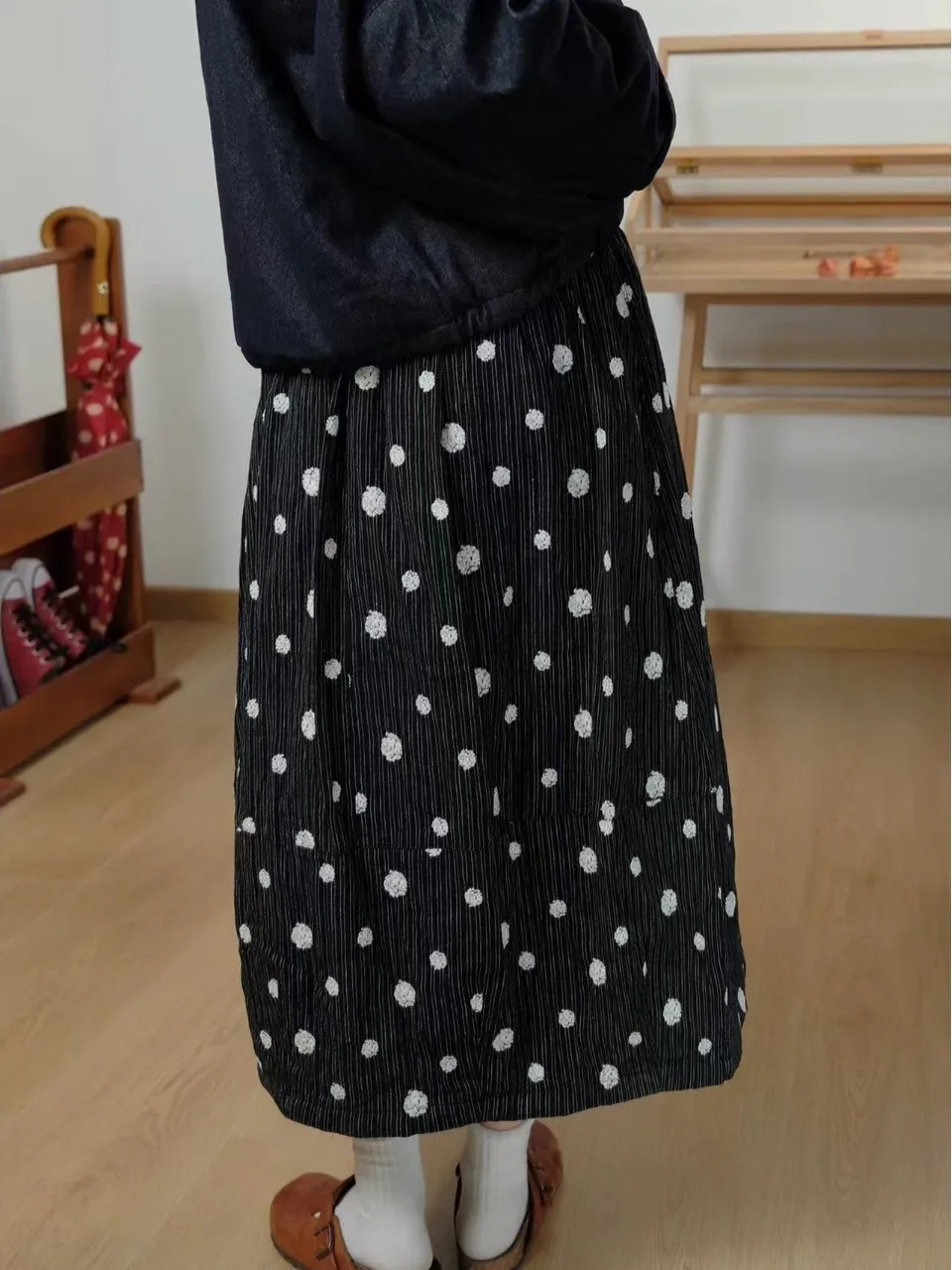 تنورة ميدي فنية مملوءة بالقطن للنساء منقطة على شكل حرف f دافئة مضمونة للربيع والخريف والشتاء ملابس موسمية