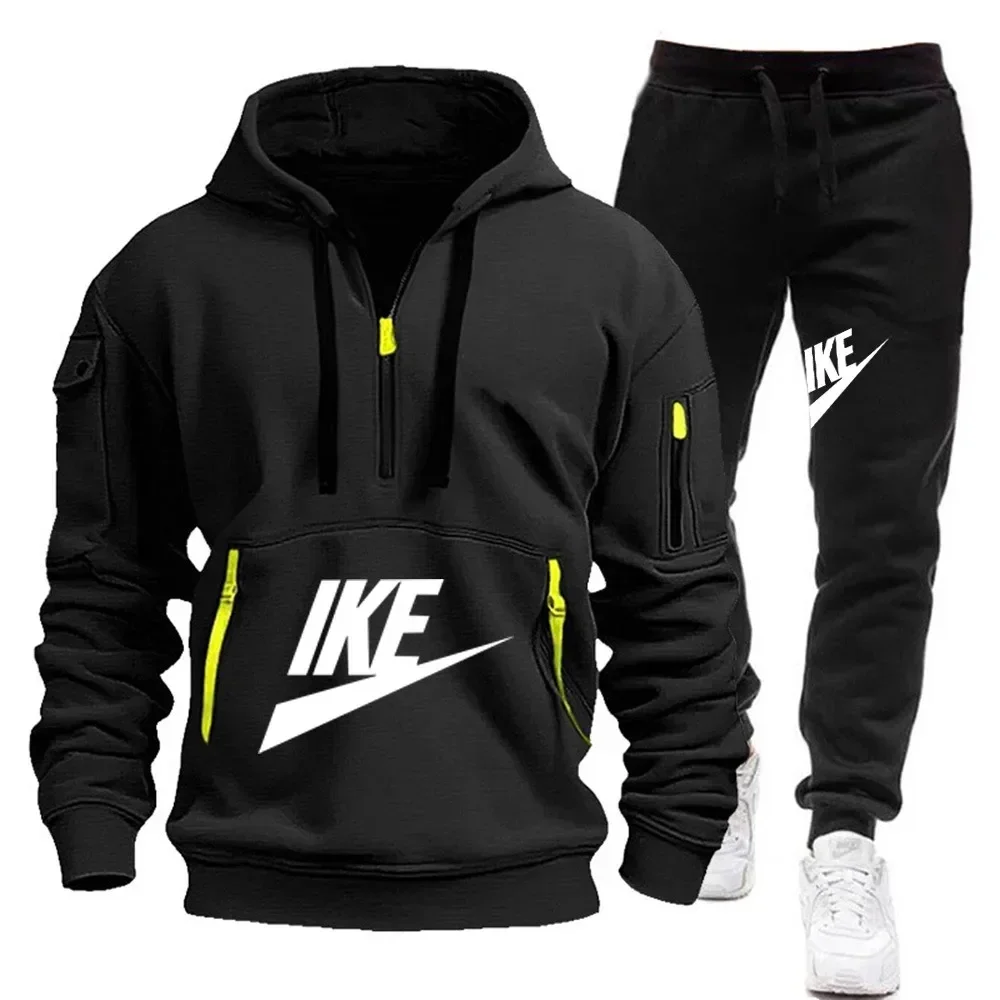A new autumn and winter fashion men's casual sportswear set, featuring a warm hooded pullover and jogging pants in two pieces