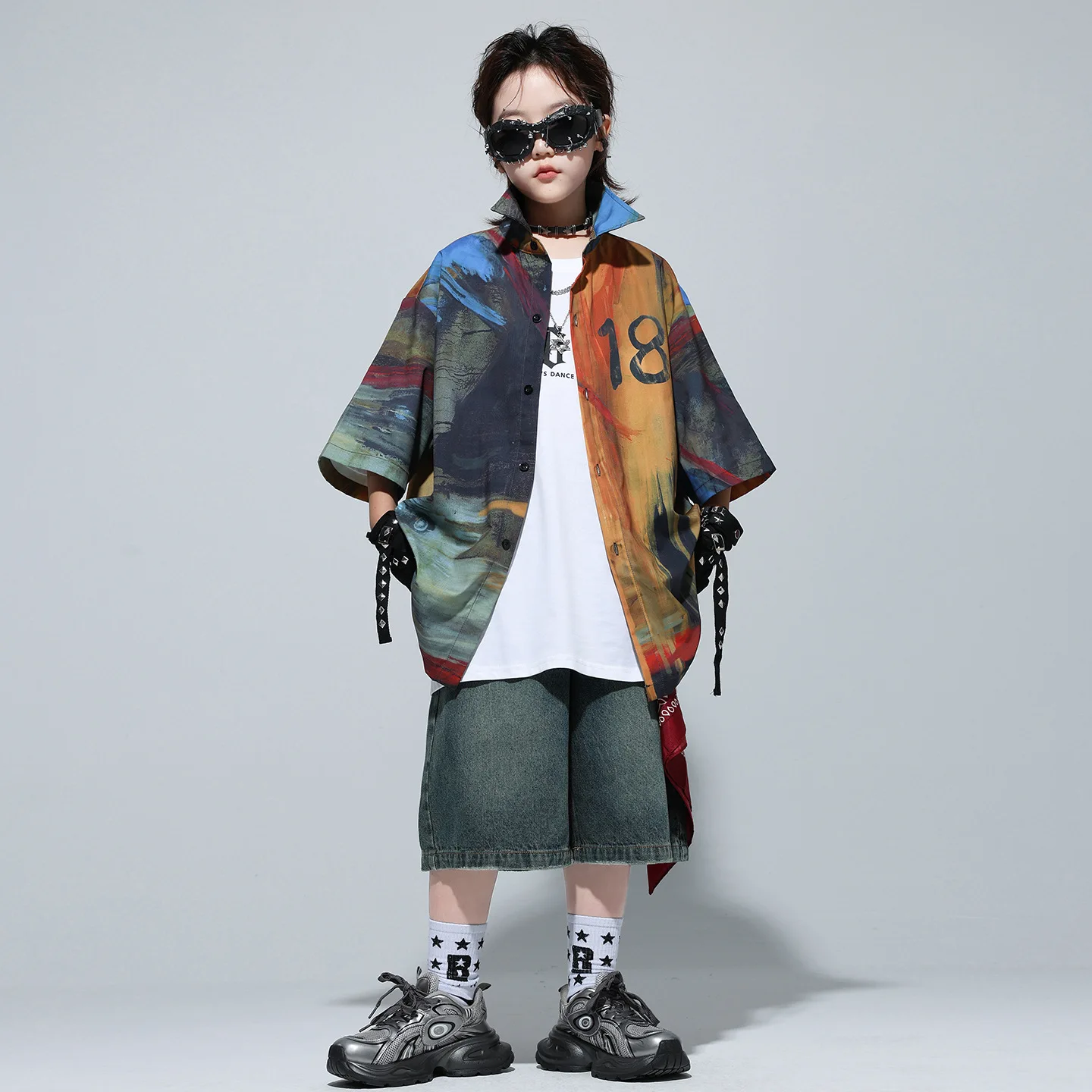 طفل الهيب هوب الملابس مجموعات النفط اللوحة طباعة قميص خمر الدينيم شورت جينز السراويل الأوسط لفتاة صبي ملابس رقص الجاز