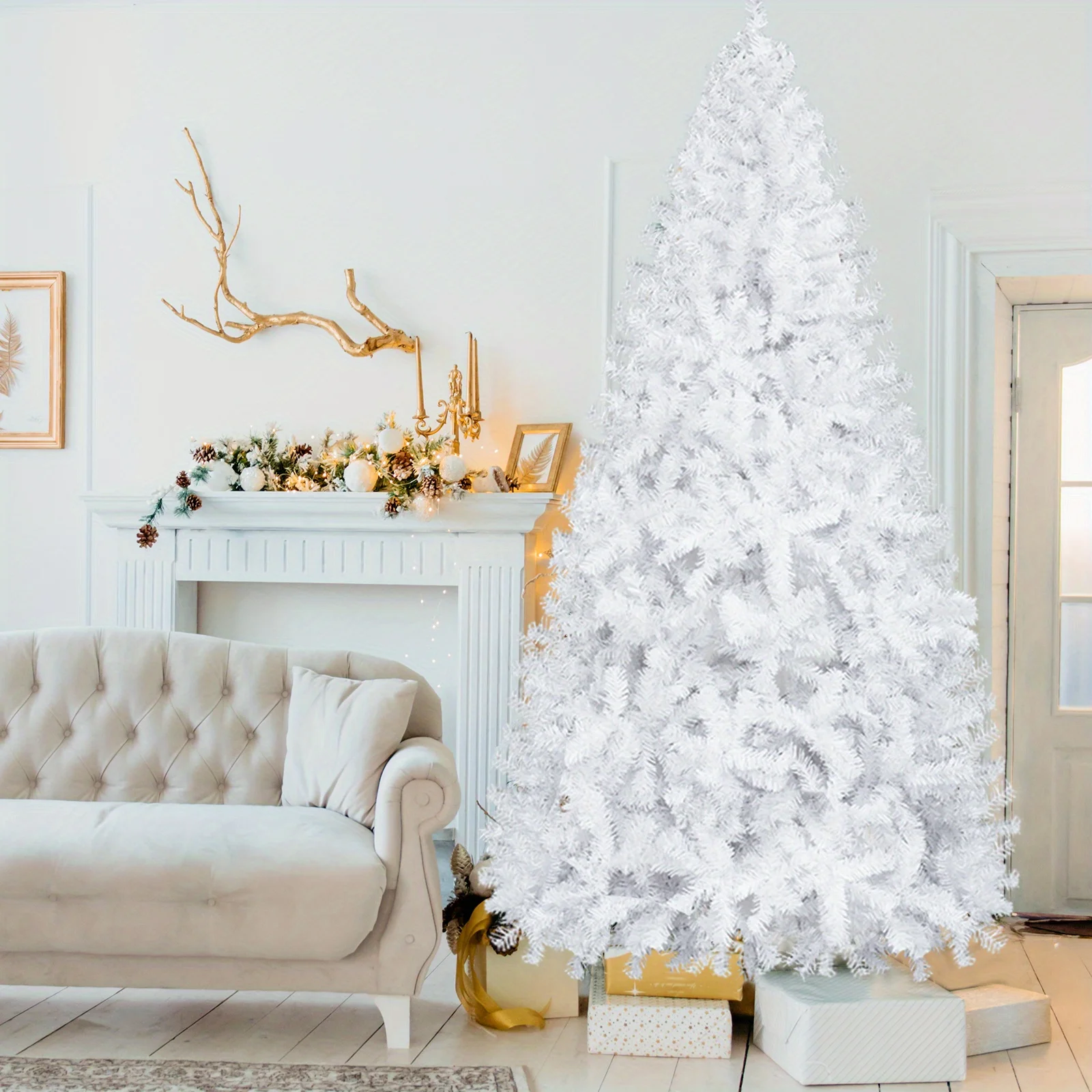 7FT Iron Leg White Christmas Tree with 1349 Branches - new bright spot in home decorating for Christmas night Decoration