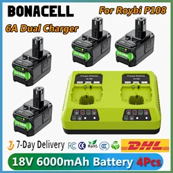For Roybi P108 Battery 6000mAh With 6A Dual Charger Replacement Battery For Roybi 18V ONE+ System P102 P103 P104 P105 P107 P109