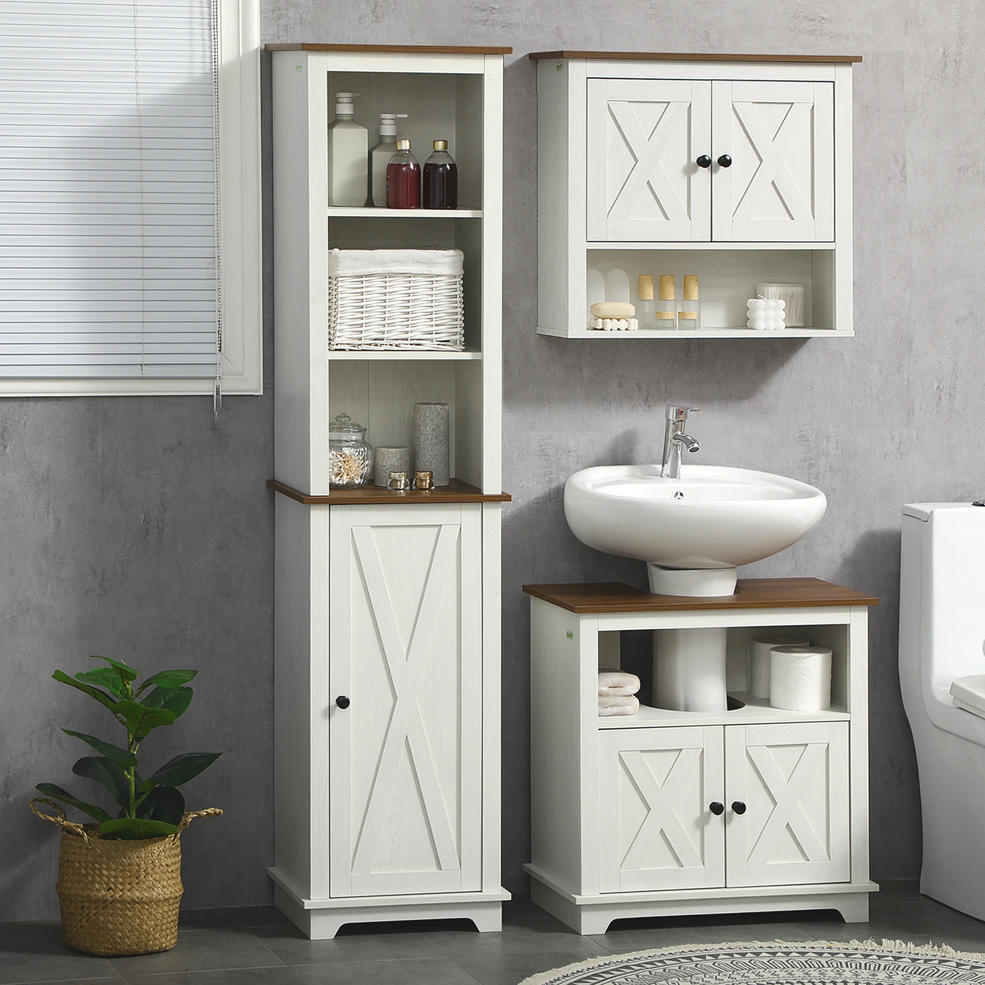 Kleankin Slim Bathroom Storage Cabinet with Triple Open Shelves, Wooden Freestanding Linen Tower with Door, White