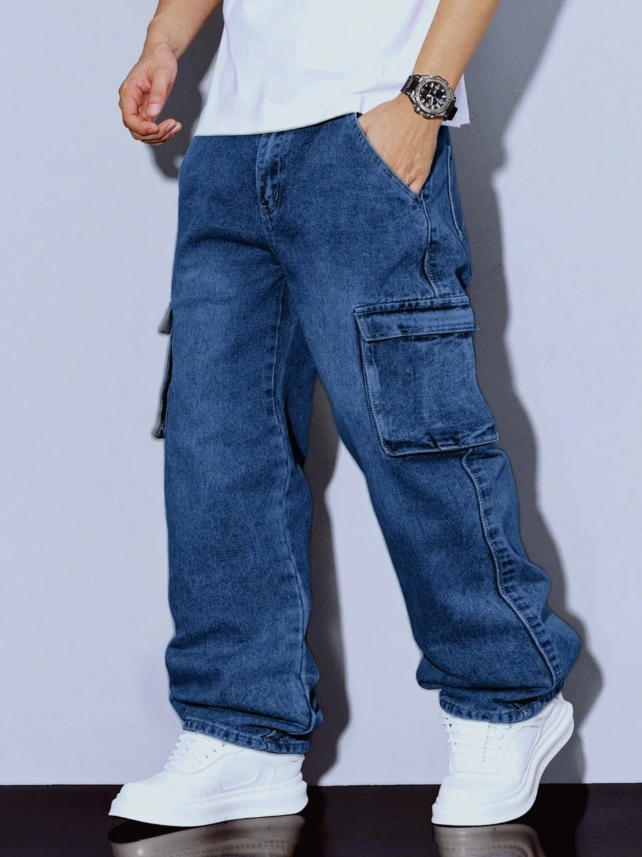 

Men's Straight Leg Jeans Men's Blue Washed Straight Leg Jeans Side Flap Pockets Trendy Urban Style Essential Trousers