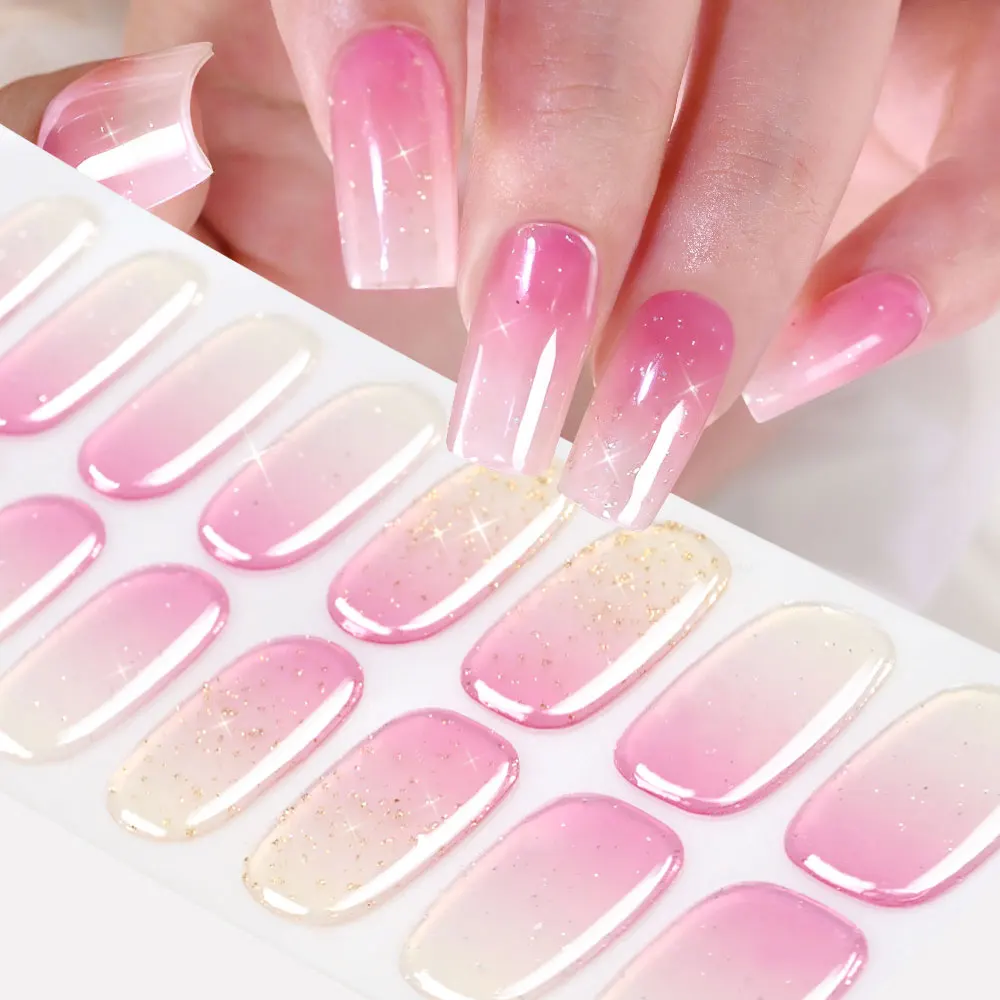1pcs*16tips Ombre Pink Blush UV Polish Nail Strips Self-Adhesive Baking-Free Full Cover Glitter Nail Wrips Manicure UV Stickers