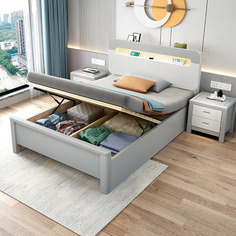 

1.2 meters solid wood bed 1.35 single pneumatic air pressure high box storage 1.5 open storage box body 1m one or two drawers