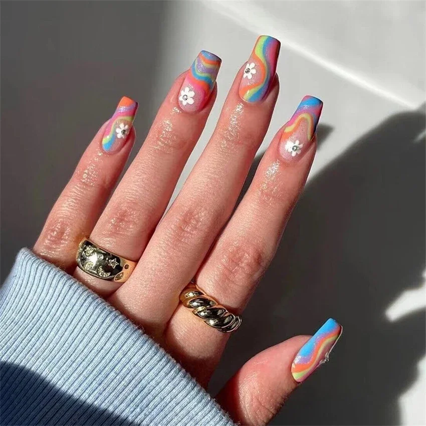 24Pcs/Set Five Colours Wave Acrylic Wearing False Nails Small Flower Rhinestone Adhesive Fake Nail Tips French Press on Nail