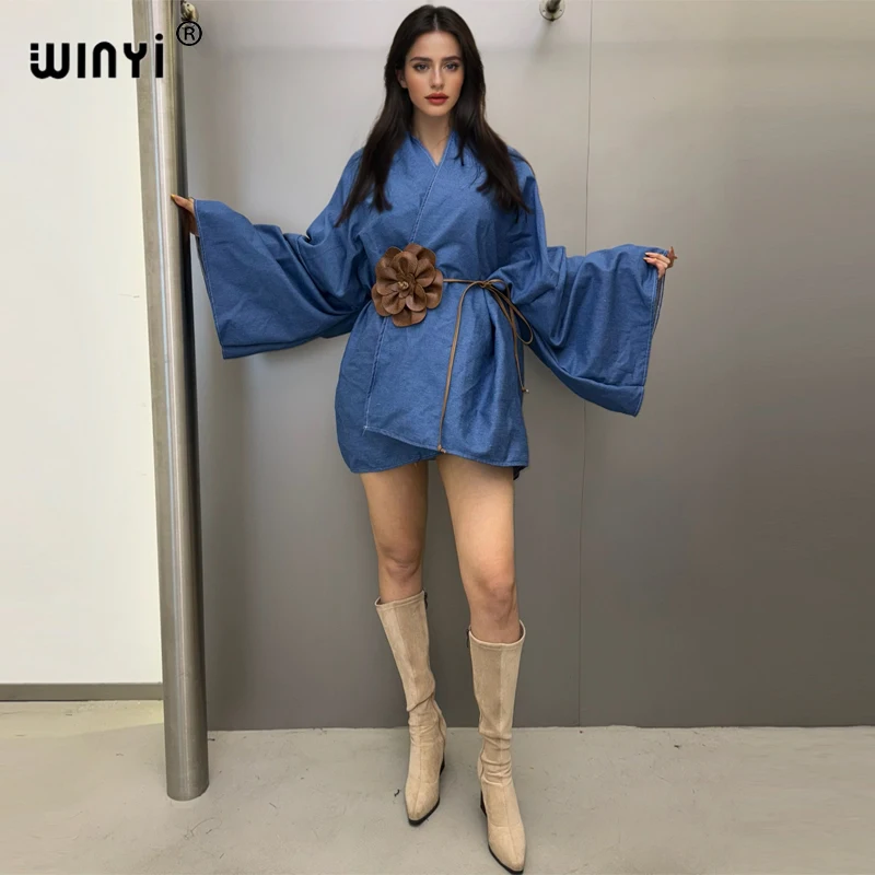 WINYI Kimono denim Cardigan maxi Dress elegant Party Swimming beach Cover Up dress abaya short dresses denim jacket woman