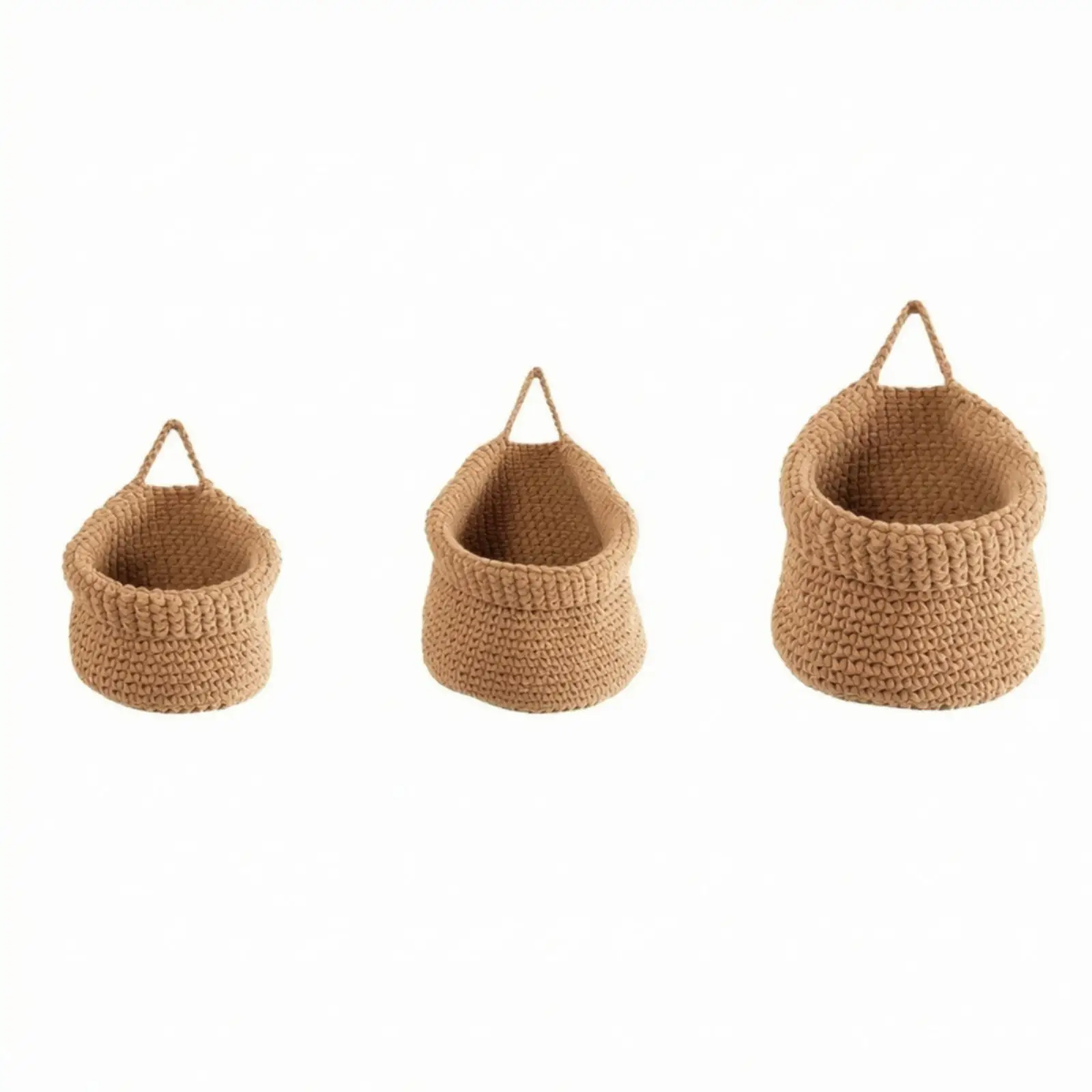 3 Pieces Handwoven Wall Hanging Basket | Brown Finish, Wall Hanging Basket with Rope Handle, Compact Stackable Shape, for