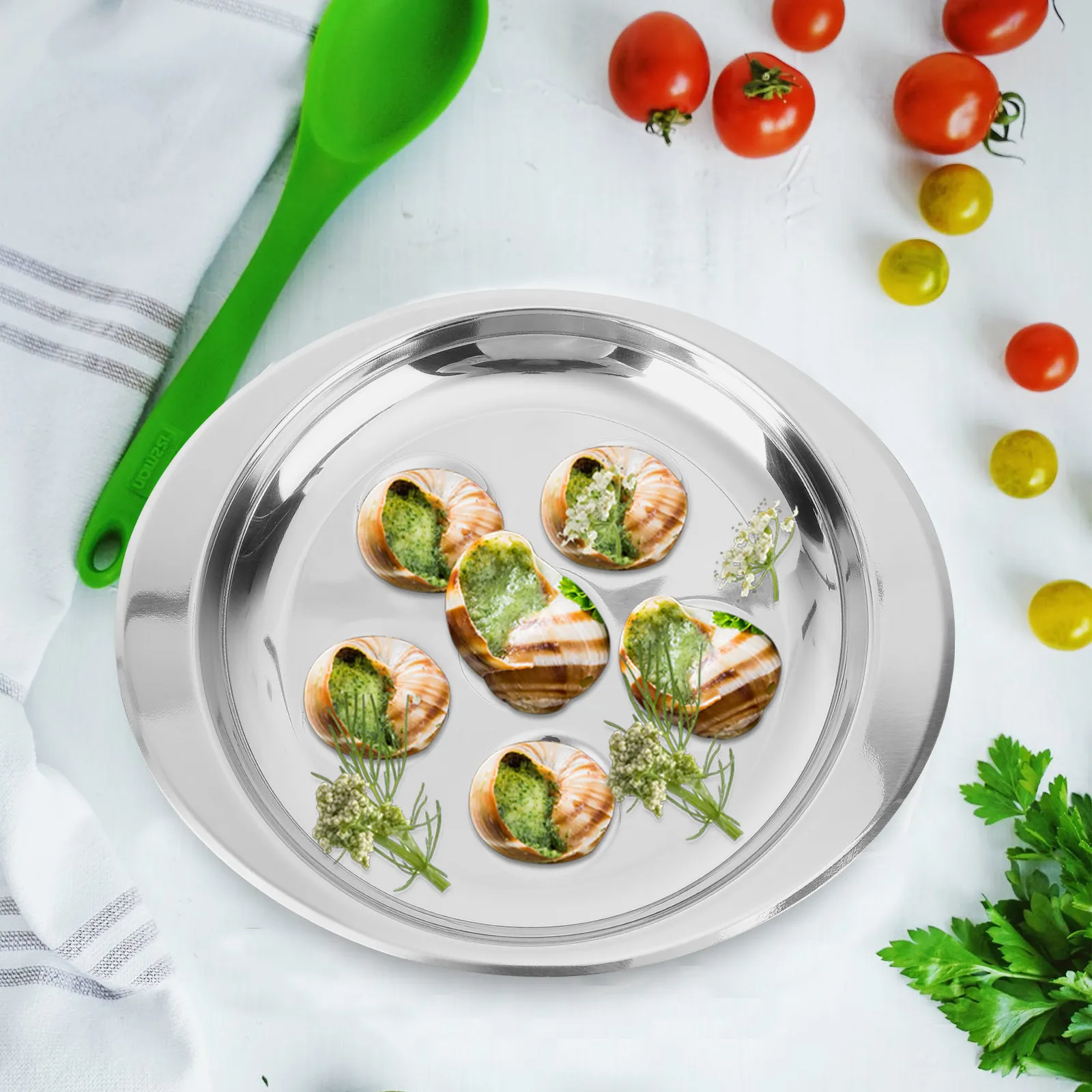 Stainless Steel Escargot Dish Snail Plate 6 Positions Stackable Heat Resistant Kitchen Serving Utensil for Restaurant Hotel
