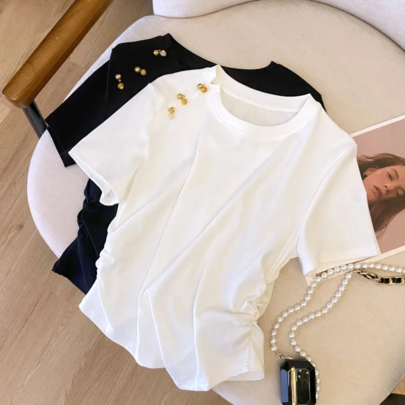 2024 Summer New Fashion Elegant Loose Casual T-Shirts Women Solid Color Round Neck Short Sleeve white Hollow Cotton Tees clothes