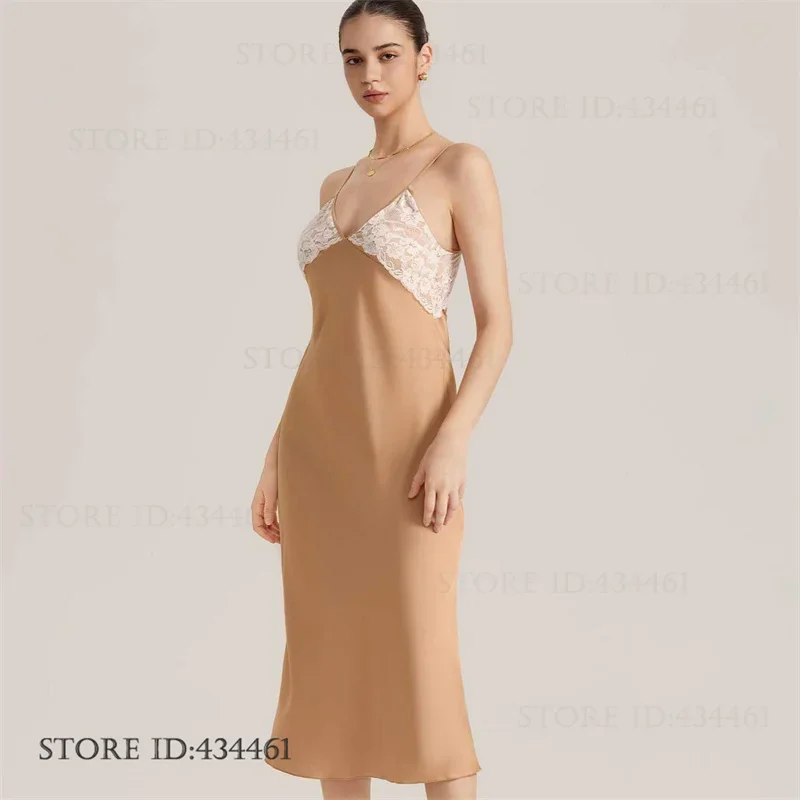 

Elegant Female Long Nightgown Chemise Sleepwear Sexy Patchwork Lace Backless Spaghetti Strap Nightdress Lingerie Rayon Homewear