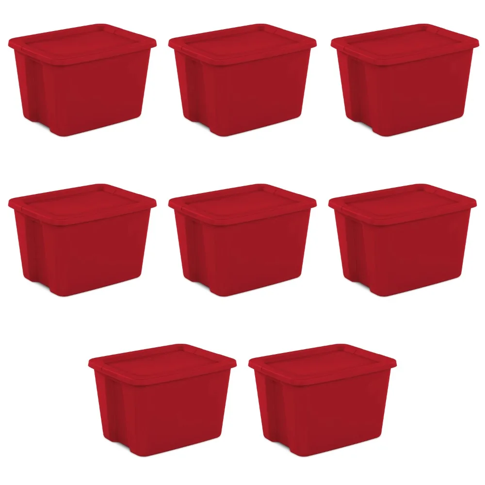 Large Storage Bin, 18 Gallon Plastic Storage Container with Snap-On Lid, Red, Pack of 8