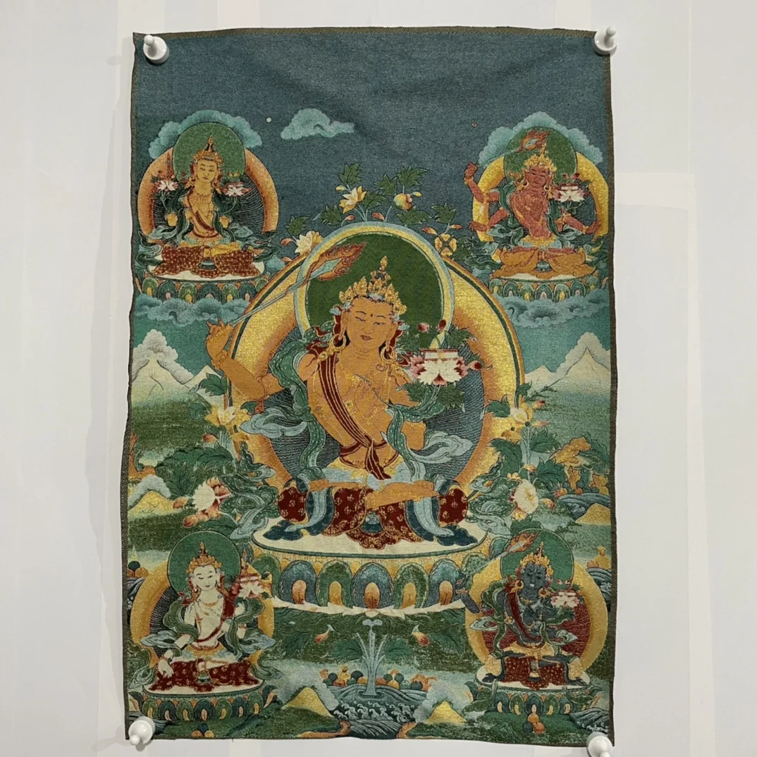 

35"Thangka Embroidery Tibetan Buddhism silk Embroidery Manjushri Sitting Buddha Thangka hanging screen Worship Hall Town house