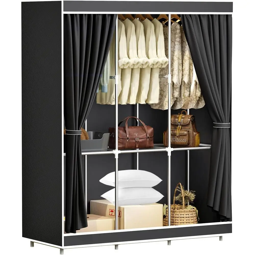 

Portable Closet, Portable Closets or Hanging Clothes with 3 Hanging Rods and 6 Storage Shelves, Non-Woven abric Cover, Black War