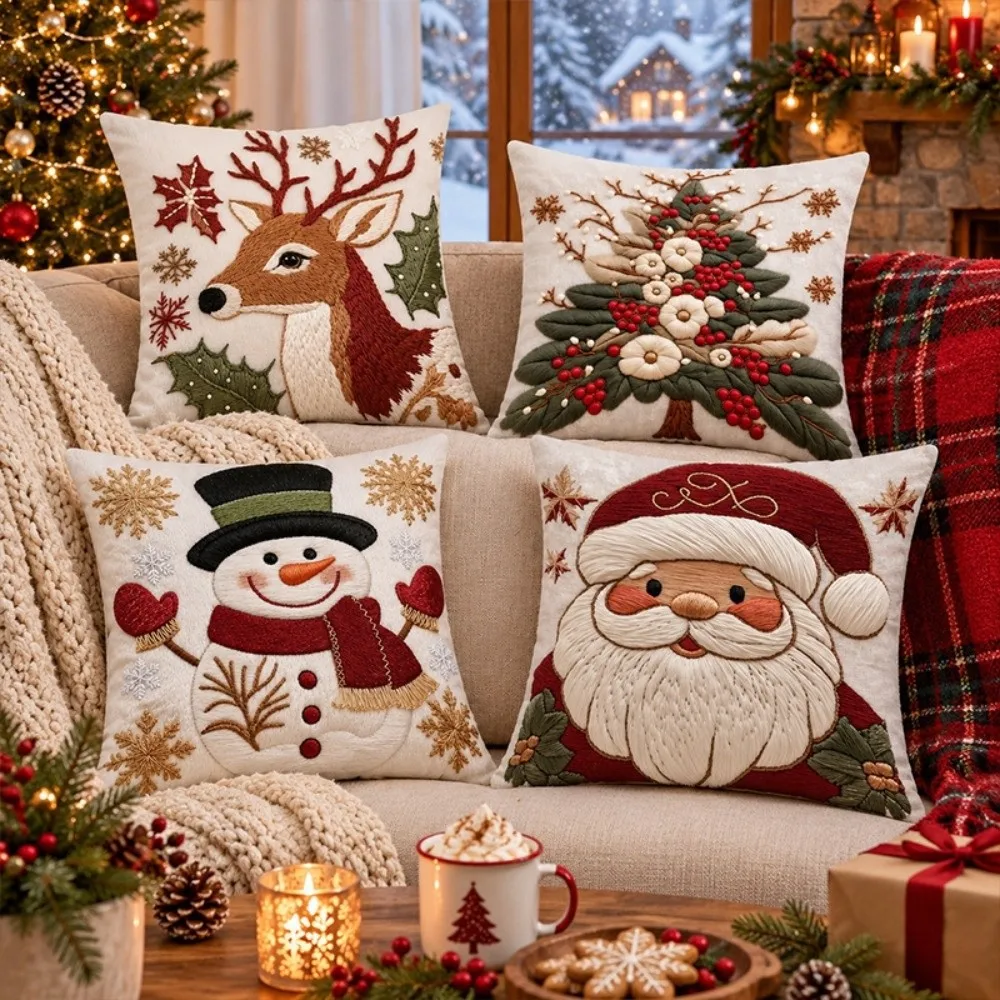 Simulated Embroidery Christmas Pillow Cover Christmas Tree Santa Claus Xmas Tree Pillowslip Square Soft Smooth 2D Flat