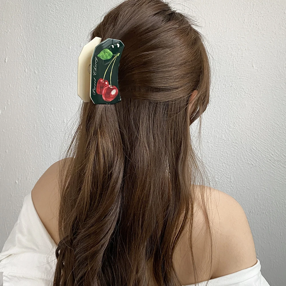 

Trendy Geometric Cherry Printed Oversize Crab Hair Clip Claw For Women New Chic Barrettes Hairpin Hair Accessories Tool Gifts