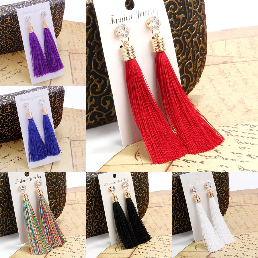 Bohemia Tassel Drop Earrings For Women Trendy Ethnic Crystal Silk Fabric Long Dangle Earring Female Fashion Party Jewelry