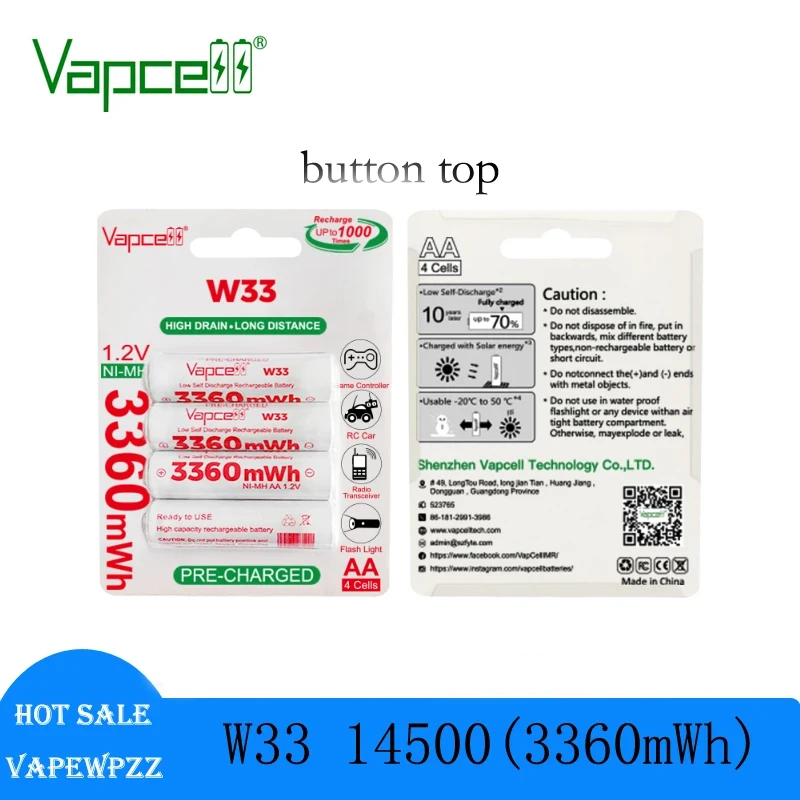 

New Orginal Vapcell W33 AA NI-MH 14500 Long Cycle Life Battery 3360mWh 1.2V Lithium ion Rechargeable Batteries For Flashlight