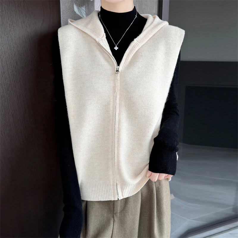 New 2026 Women's Hooded 100% Wool Vest Solid Color Knitted Sleeveless Sweater Short Jacket Women's Cardigan Wool Vest
