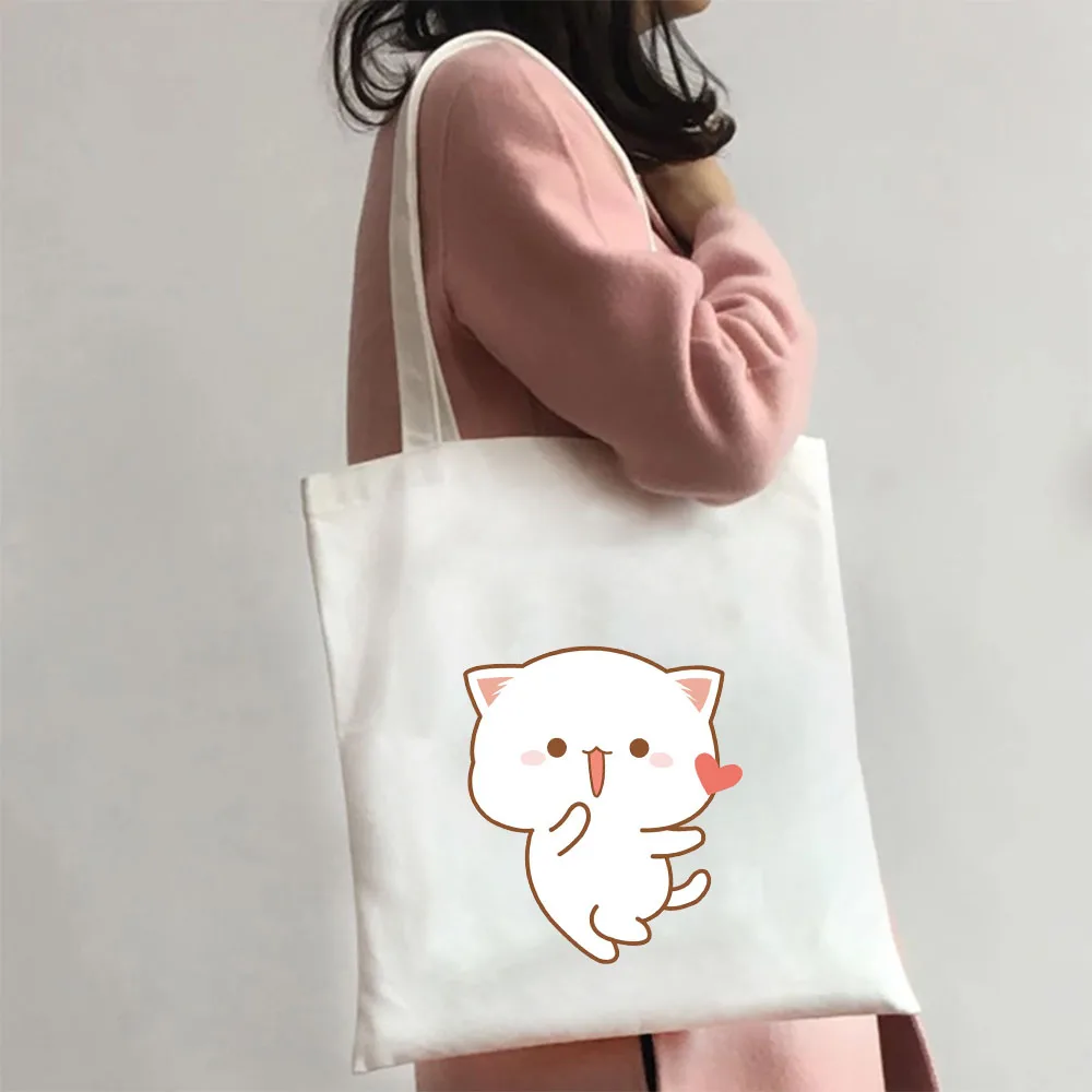 Bonito dos desenhos animados coelho urso bonito animal coração mulher lona sacos de ombro harajuku bolsas totes eco shopper algodão sacos de compras